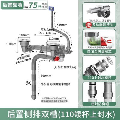 厨房下水管双槽洗菜盆下水器水槽配件下水道防返臭神器排水管全套